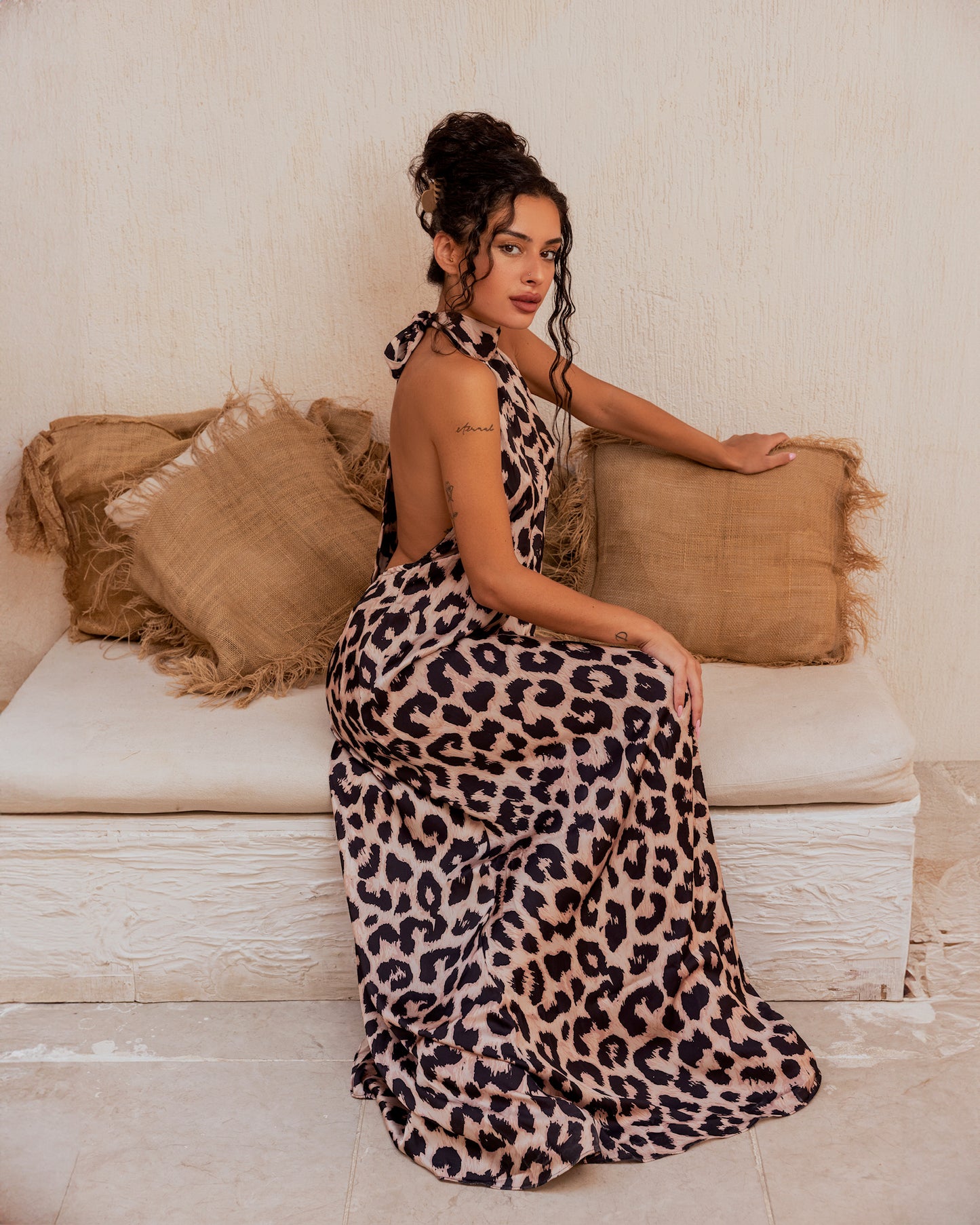 Silk backless leopard dress