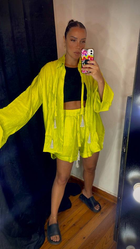 Fringes Kimono With Shorts/Lime