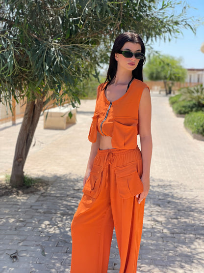 Orange Pockets Vest/Pants Set