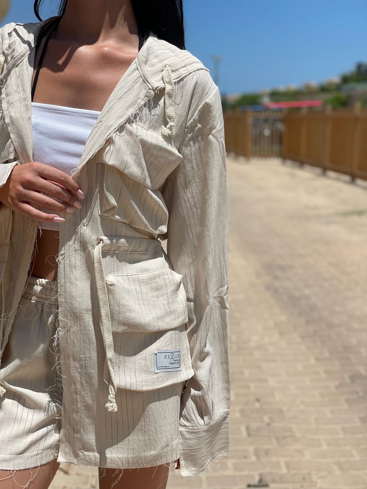 Off White Linen Pockets Jacket Set