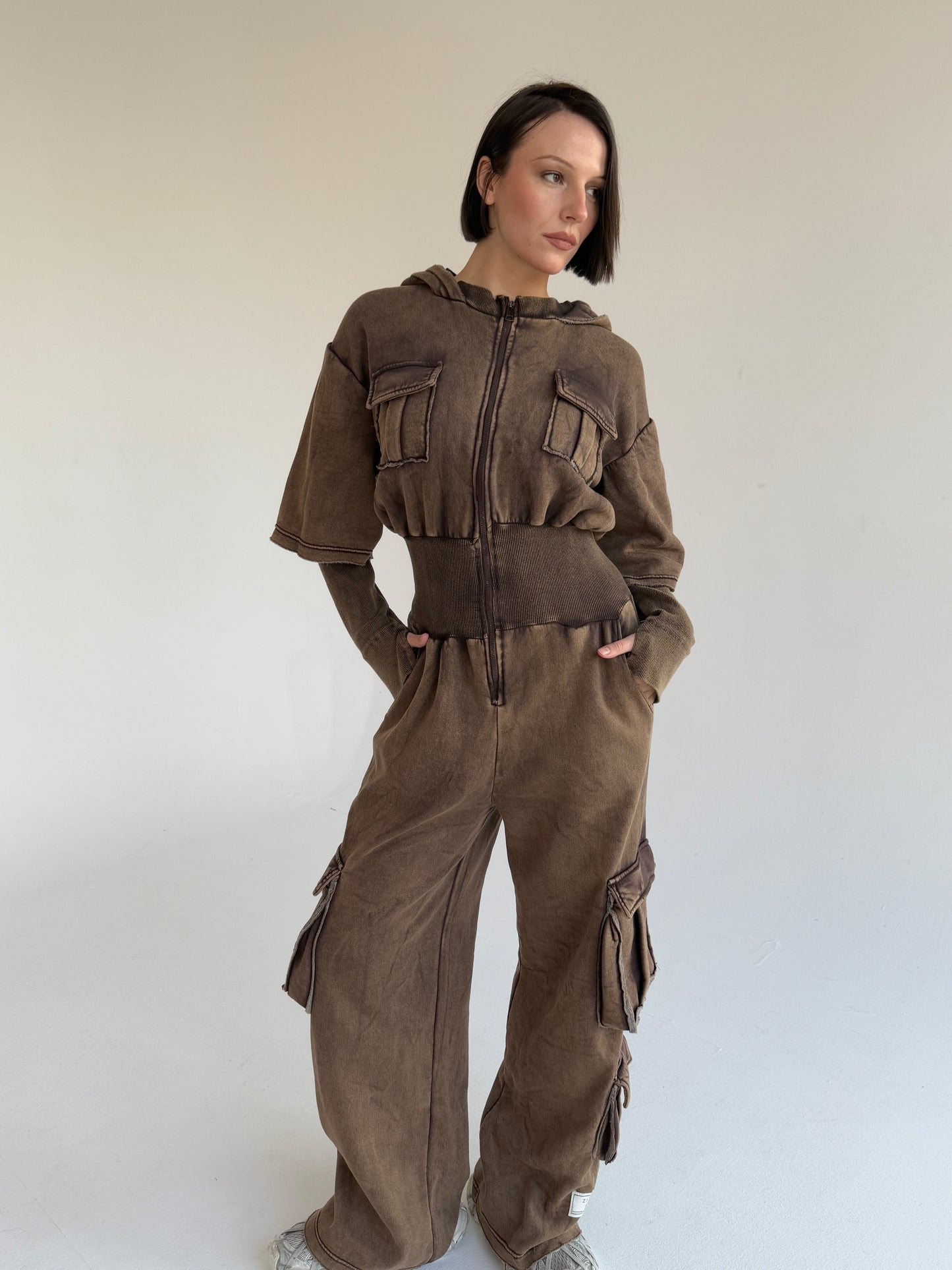 Waisted Washed Jumpsuit- washed brown