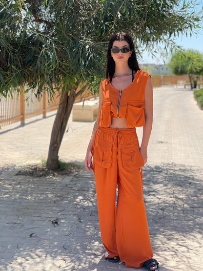 Orange Pockets Vest/Pants Set