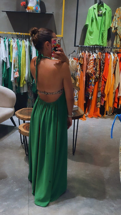 Backless Green Dress With Flower CY