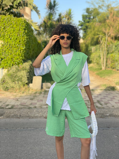 Linen cross vest and short set - Apple green