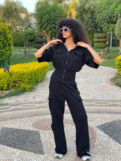 Waisted Jumpsuit short sleeves- Black