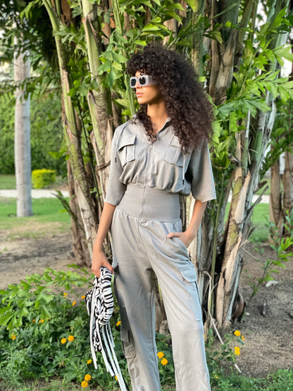 Waisted Jumpsuit short sleeves- Grey