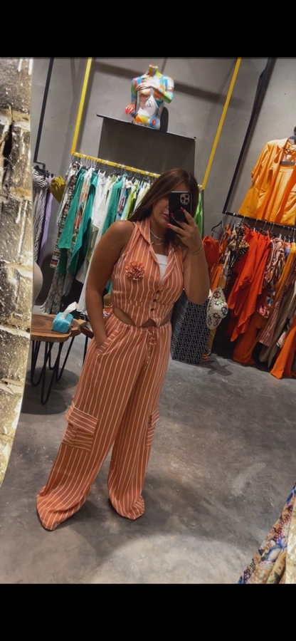 Peach Vest + Cargo Pants Stripes Set