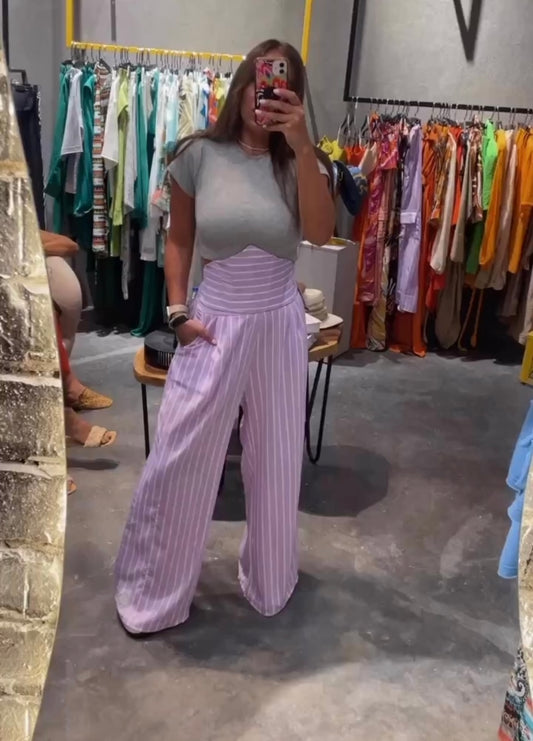 Stripes Lilac/White Pants + High Waisted Belt