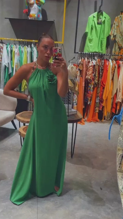 Backless Green Dress With Flower CY