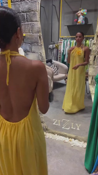 Backless Yellow Dress With Flower