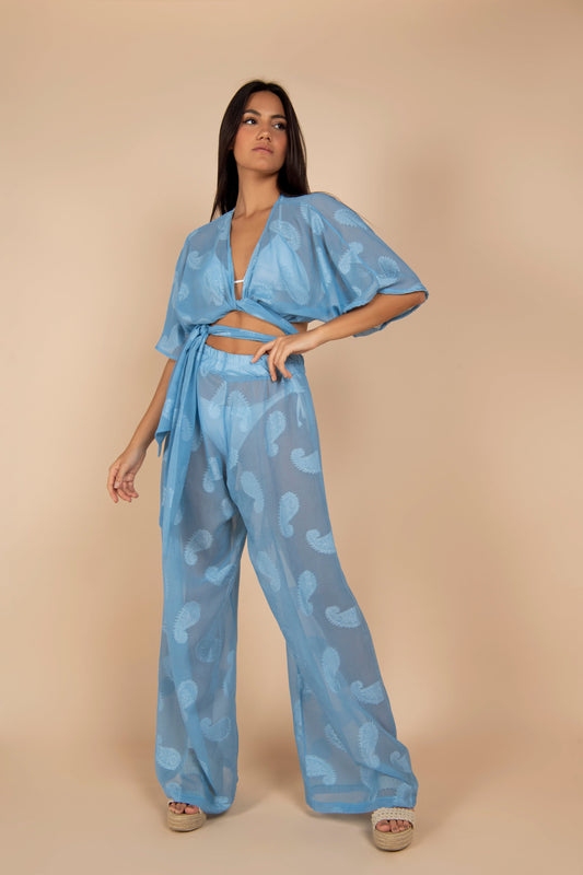 Wrap Top & Wide Pants Light Sky Blue Set