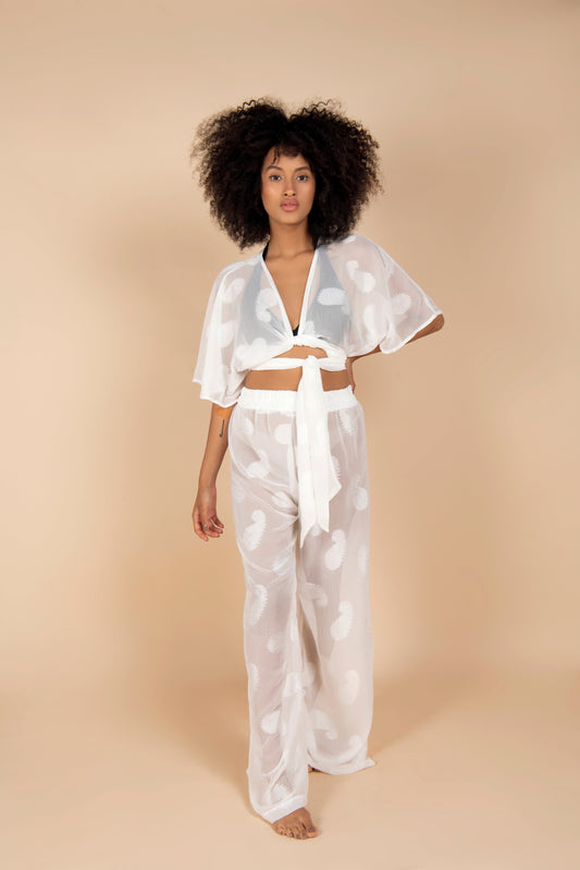 Wrap Top & Wide Pants White Set